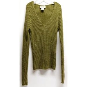 NEIMAN MARCUS CASHMERE RIBBED V-NECK SWEATER, GREEN, SIZE SMALL